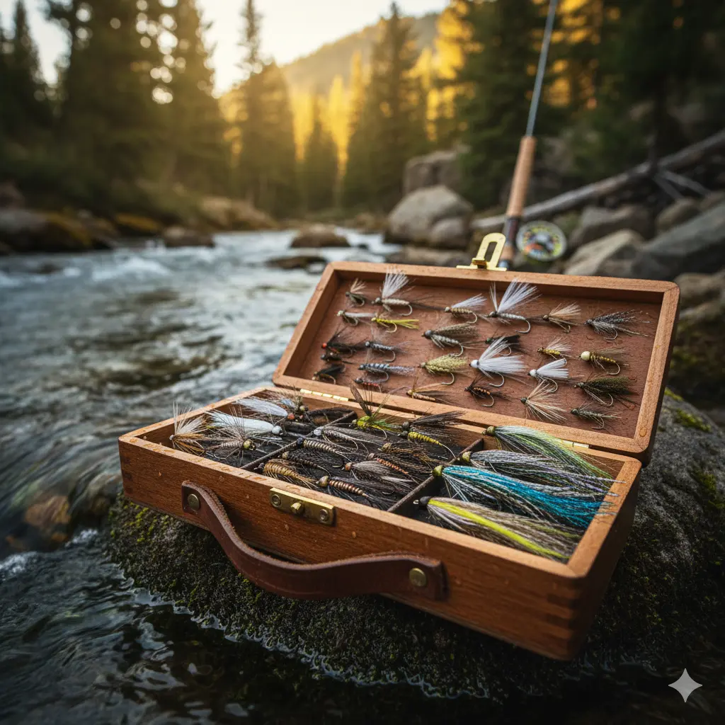 A wooden fly fishing box filled with a diverse array of colorful fly fishing lures (flies) sitting on a mossy rock beside a flowing river with a fly rod in the background at sunset.