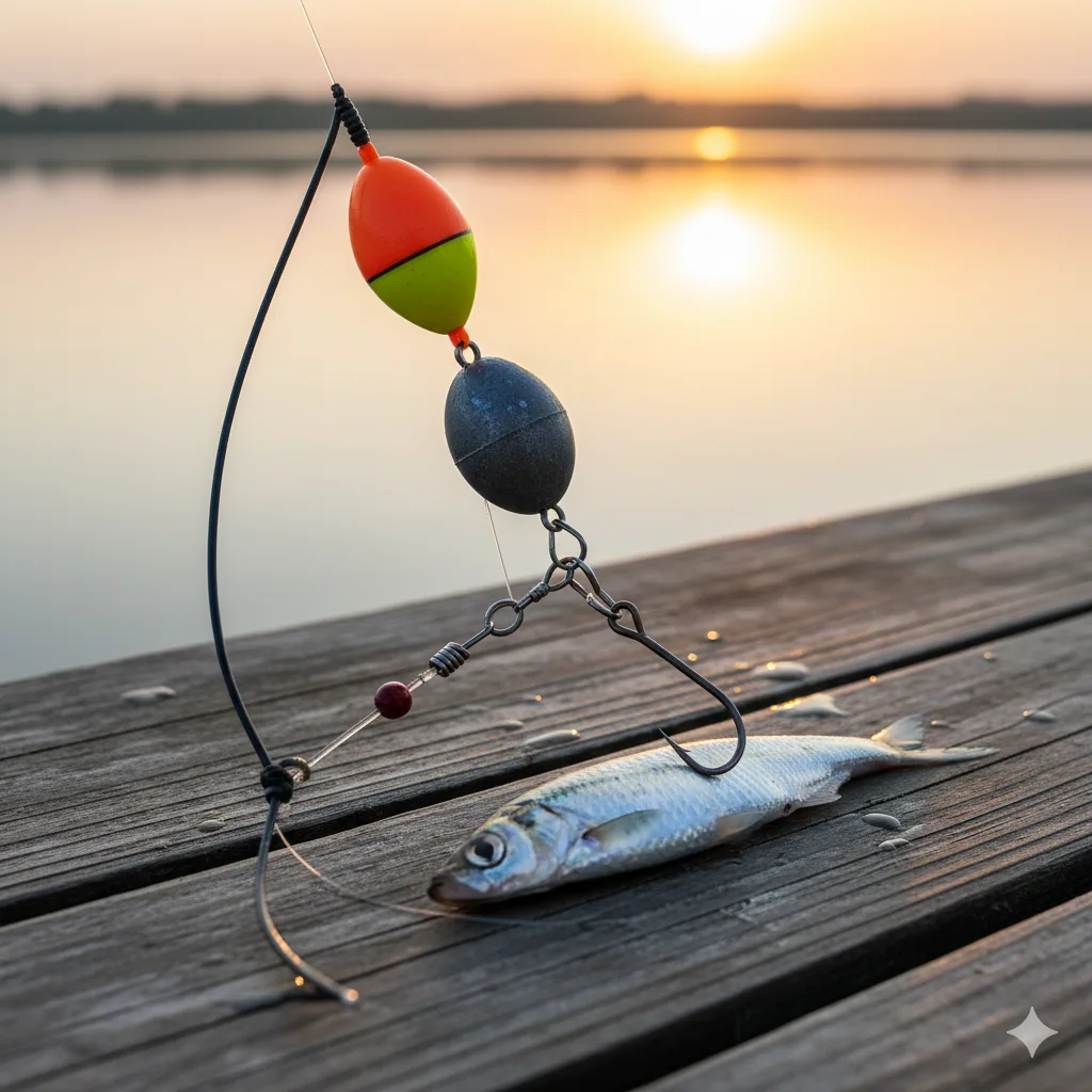 Close-up of a live bait fishing rig featuring a bobber, sinker, hook, and live bait fish (menhaden or similar) on a wooden dock with a serene sunset lake background.