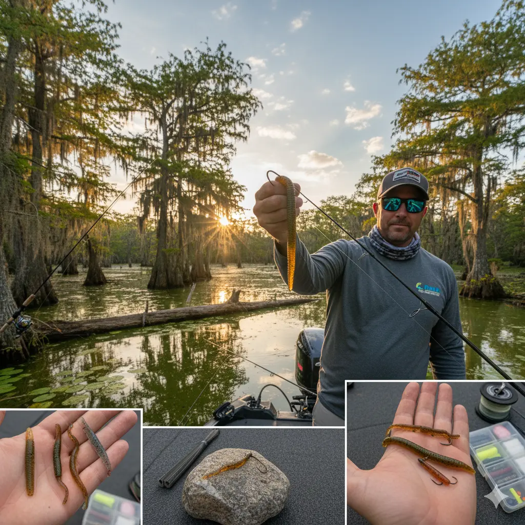 A collage showing a bass angler on a boat in a cypress swamp holding up a rigged plastic worm bait, alongside close-ups of various soft plastic fishing lures, hooks, and weights.