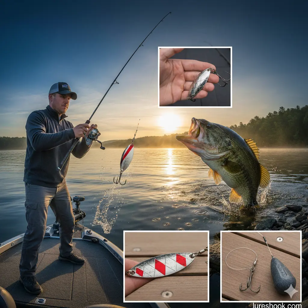 A dynamic fishing collage showing an angler on a boat casting a red and white spoon lure at sunrise, a large bass jumping out of the water to strike, and close-ups of various fishing spoons and a jigging weight rig. Watermark: lureshook.com.