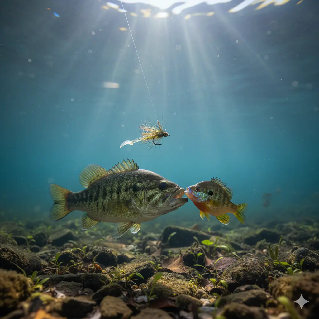 An underwater image depicting a largemouth bass and a bluegill sunfish near a small micro jig fishing lure, with sunlight filtering through clear blue water to illuminate a rocky bottom.