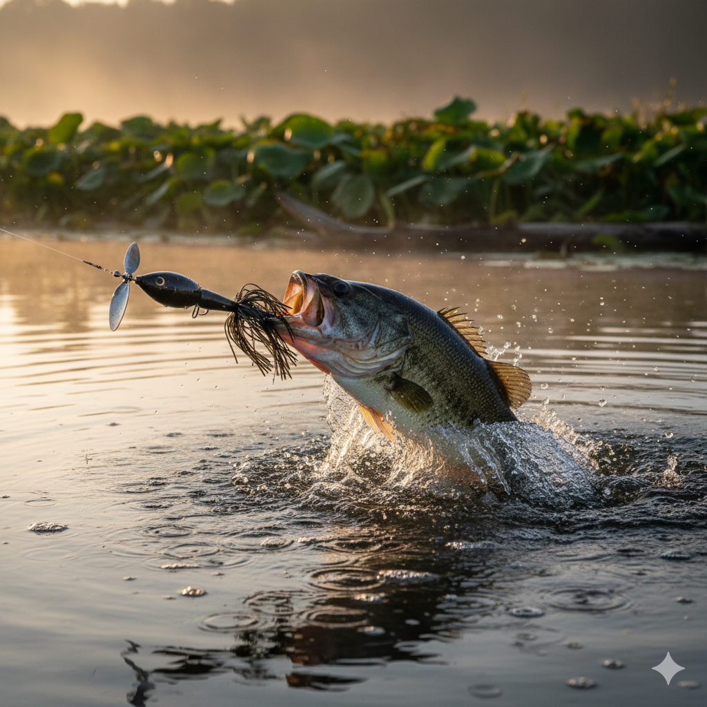 A largemouth bass leaps from the water, aggressively striking a black buzzbait lure with a spinning propeller blade, creating a significant splash at sunrise or sunset in a lake with lily pads.