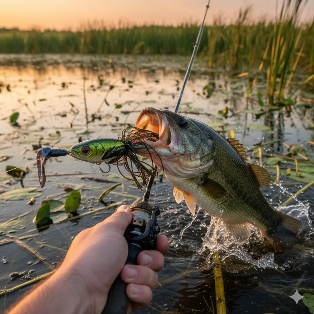 An angler battles a large bass caught on a green and black swim jig in a reedy, golden-lit lake at sunset.