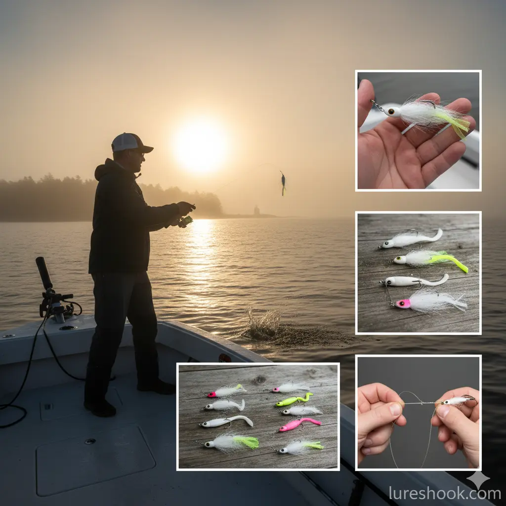 A collage featuring an angler casting a bucktail jig from a boat into a misty lake at sunrise, a close-up of a white bucktail jig with a chartreuse trailer, various bucktail jigs in white, pink, and chartreuse on a wooden surface, and hands tying a leader to a bucktail jig.