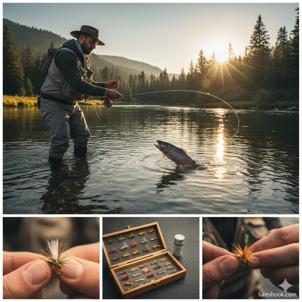 A collage showing a fly fisherman wading in a river at sunrise, actively fighting a rainbow trout that has just struck the surface. The bottom inserts display close-ups of delicate dry flies, a wooden fly box filled with various patterns, and an angler applying floatant to a dry fly.