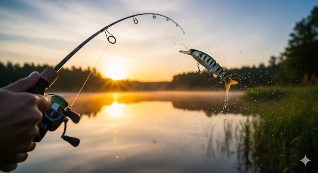 A multi-jointed hard-bodied fishing lure is captured mid-cast, suspended in the air with water droplets spraying off it, against the backdrop of a serene lake at sunset. A fishing rod is shown bent from the force of the cast, held by an angler in the foreground.