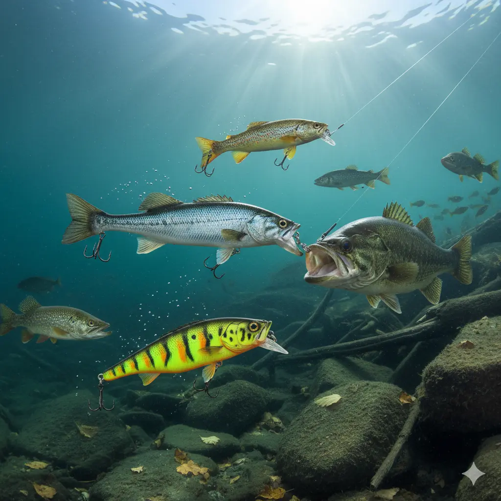 An underwater scene showing multiple fish species, including a largemouth bass, smallmouth bass, trout, and pike, actively striking or swimming near various jerkbait lures in clear water with sunlight filtering from above.