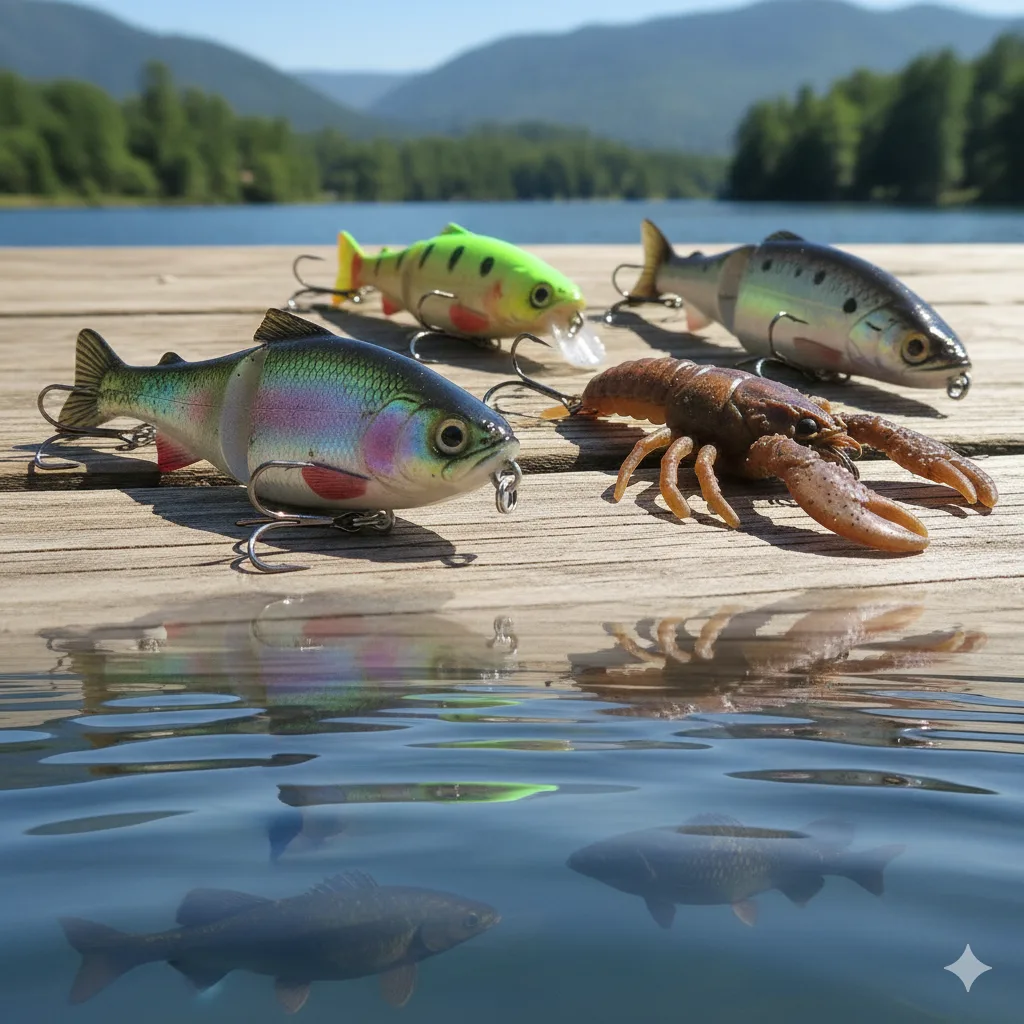 Top Fishing Lures for Bass, Trout & Walleye – Unbeatable Realism Realistic fishing lures for bass and trout with vibrant colors and lifelike detail
Assortment of topwater and crankbait fishing lures in natural fish and crawfish designs
High-quality fishing bait that mimics real prey, perfect for freshwater fishing