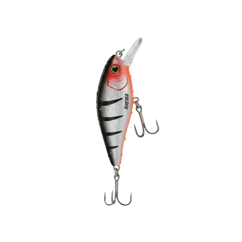 Classic Rapala Crankbait: Beloved by Anglers Popular fishing lure with silver, black, and orange accents, two treble hooks