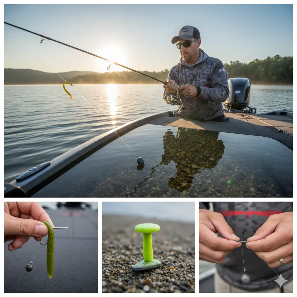 A bass fisherman on a boat in a marshy, cypress-filled lake, holding up a Texas-rigged plastic worm, with additional close-up shots of various soft plastic baits, hooks, and weights displayed on hands and a rock.