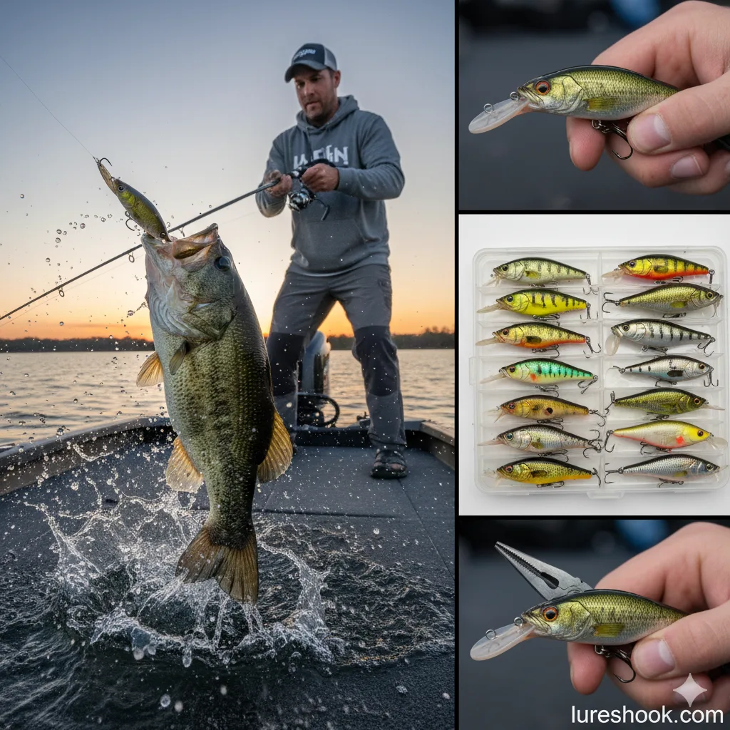 A dynamic fishing collage showing a largemouth bass aggressively striking a crankbait as an angler reels it in from a boat at sunset. Accompanying close-ups feature a hand holding a crankbait, a tackle box filled with various crankbait styles and colors, and hands using pliers to remove a hook from a crankbait.
