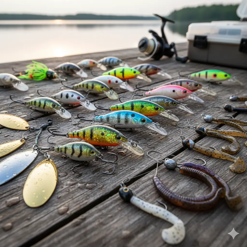 A vibrant collection of realistic fishing lures, including various hard-bodied crankbaits, spinnerbaits, and soft plastic worms, displayed on a weathered wooden dock with water droplets.